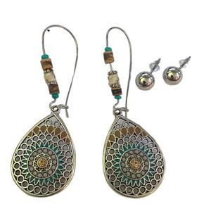 Silver Aztec Beaded Dangle Drop And Stud Earrings Set
